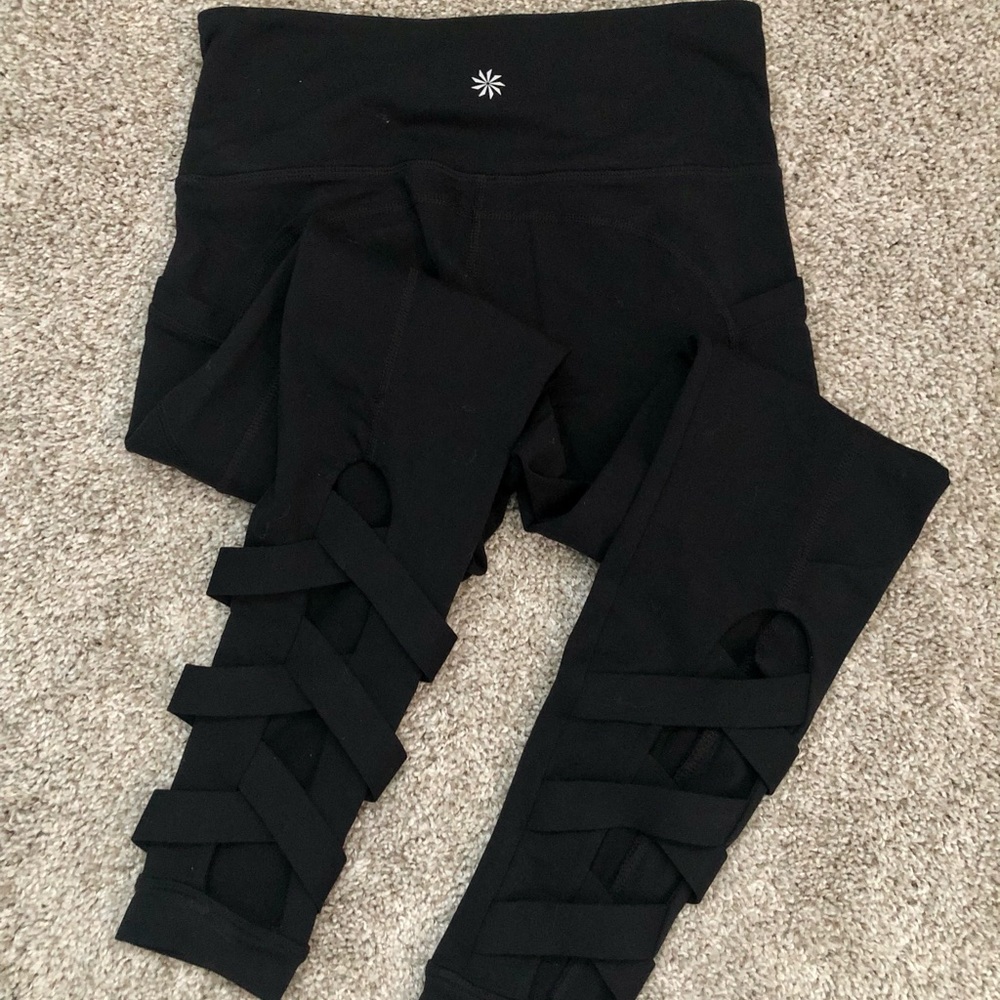 Athleta Black Leggings, Cross Strap Detail Around Calf, Size S